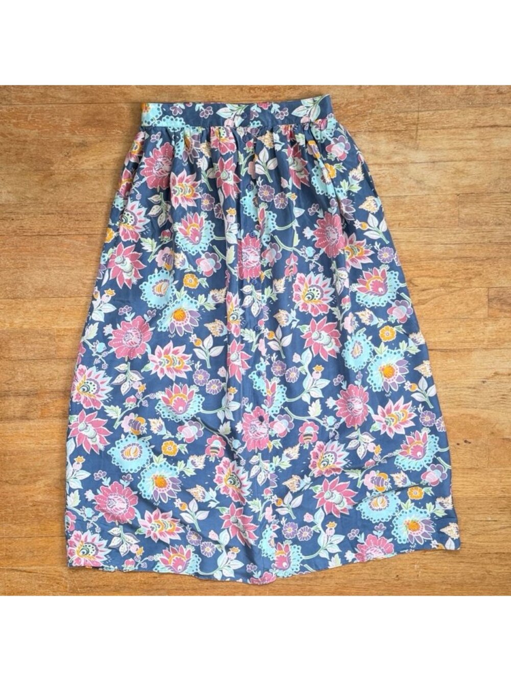 Vintage Floral Print Silk Maxi Skirt Size Small 27" Waist Button Front Colorful